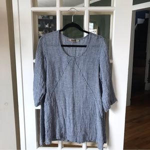 FLAX 100% Linen Blue Striped Plaid Cropped Sleeve Seamed Tunic Blouse Small